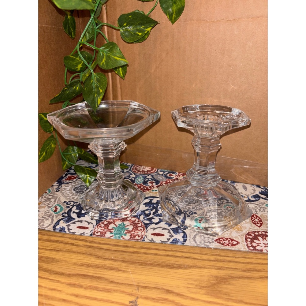 Vintage Clear Glass Hexagonal Taper Candlestick Holders Set of 2 Art Deco 6 Inch